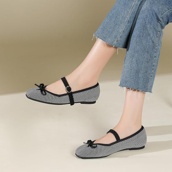 Women Black Striped Fabric upper and rubber sole Casual Flats with Ankle Strap - Picture 7 of 7